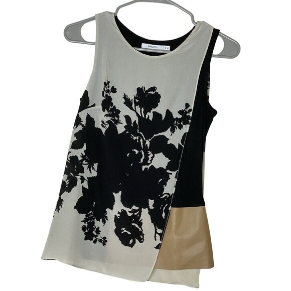 Bailey 44 Tops - Bailey 44 XS Ivory Black Floral Sleeveless Top Faux Leather Silk Made in USA